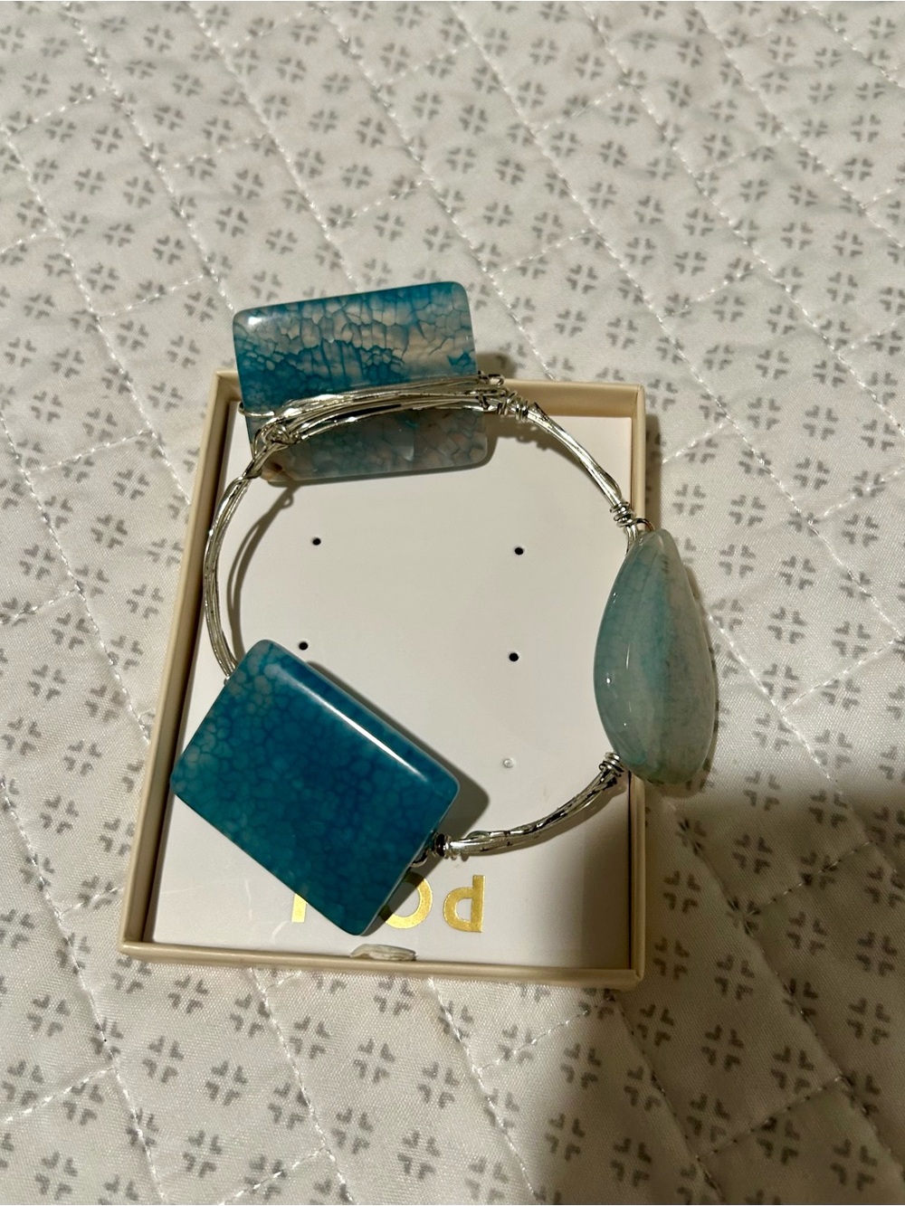 Blue Stone Wire Bangle Bracelet with Three Accent Stones